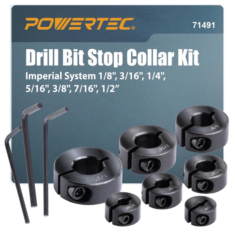 POWERTEC Drill Bit Stop Collar Set, 7 Piece Set Adjustable Drill Bit Depth Stopper with Allen Wrench, Bits Stop with Imperial System Size Markings - 1/8", 3/16", 1/4", 5/16", 3/8", 7/16", 1/2â€ (71491) - Image 1